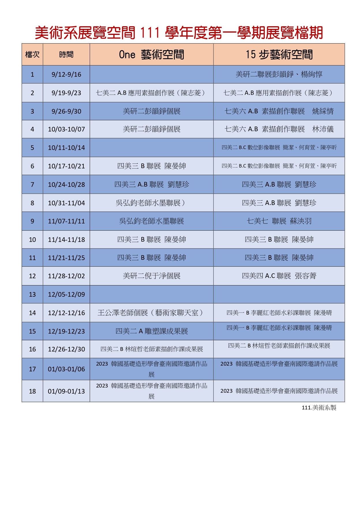 美術系展覽空間111學年度第ㄧ學期展覽檔期 9.27