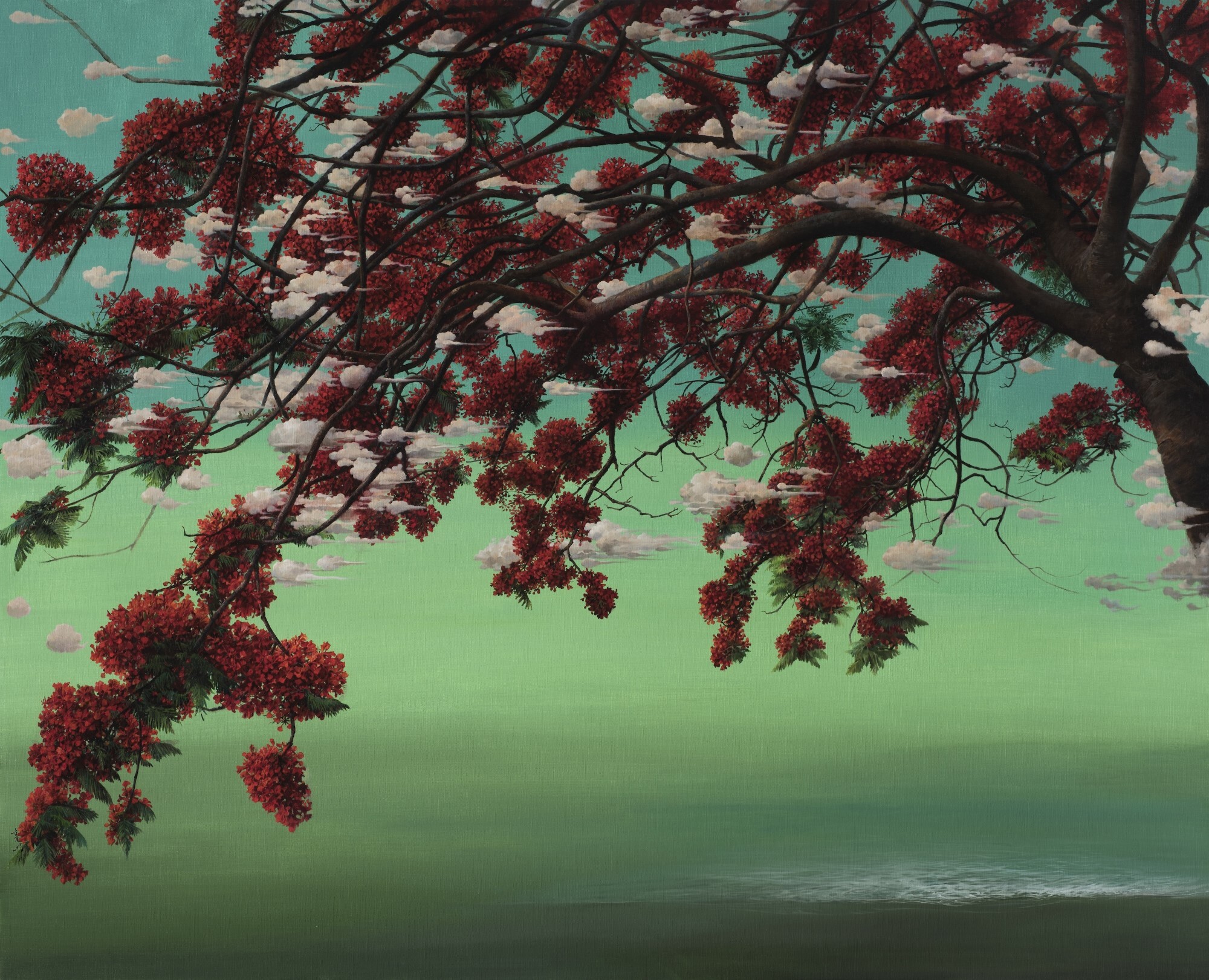 紅色鳳凰，162×130cm，油彩、畫布，2015。陳俊華