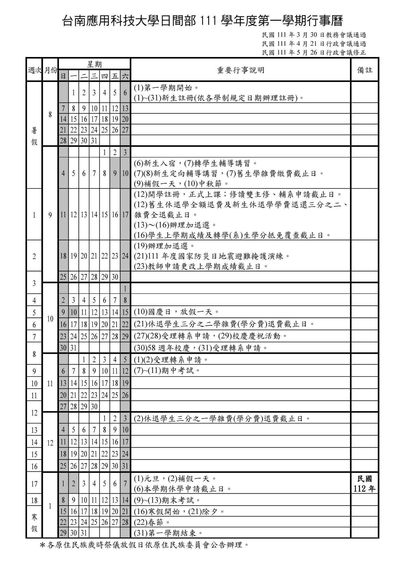 台南應用科技大學日間部111學年度第一學期行事曆