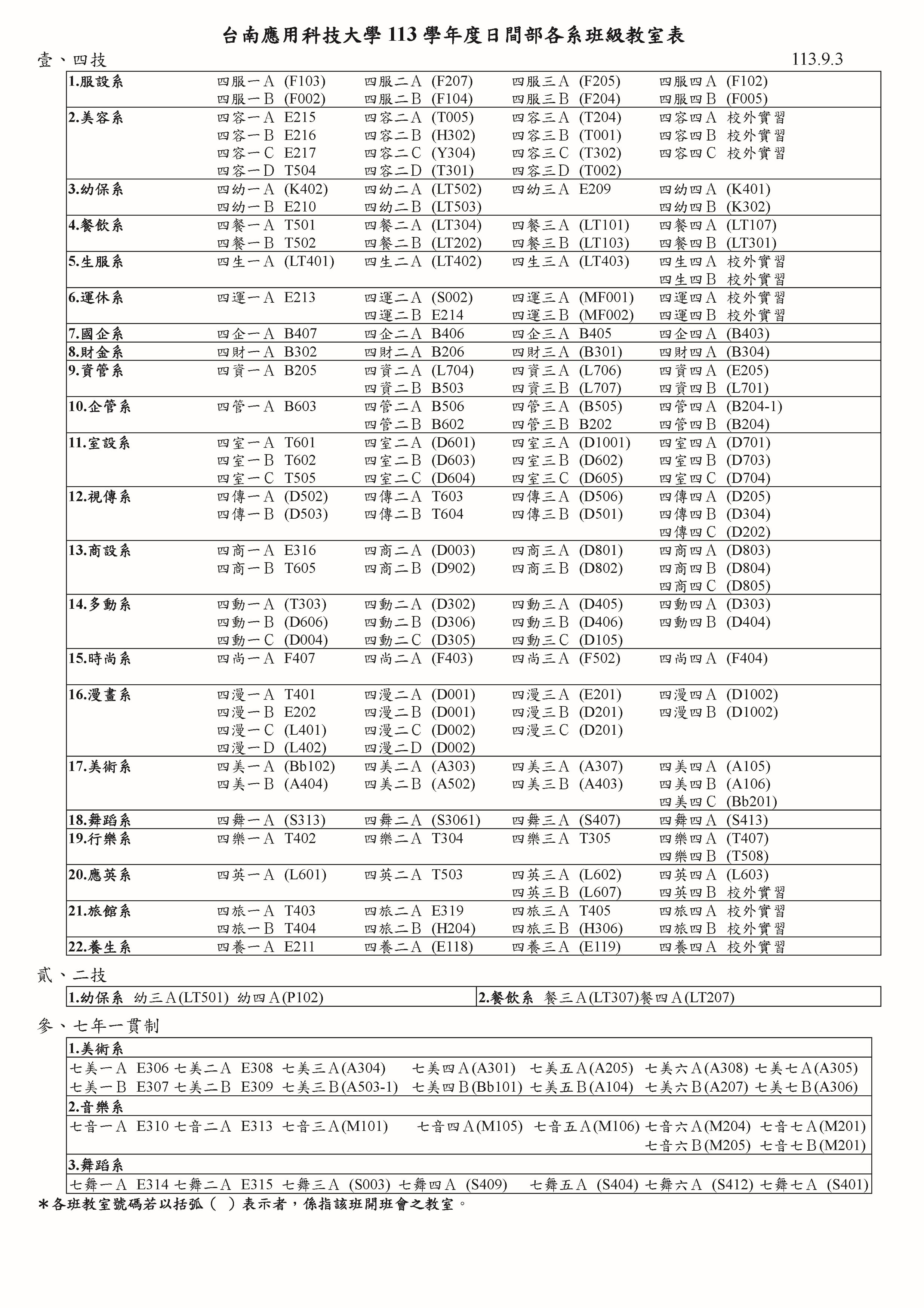 ✨台南應用科技大學 113 學年度日間部各系班級教室表  113.09.03
