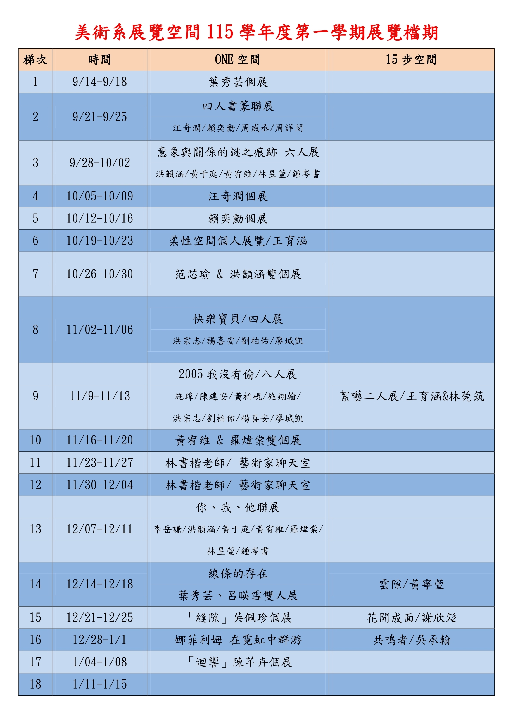 115-1美術系展覽空間  115學年度第一學期展覽檔期