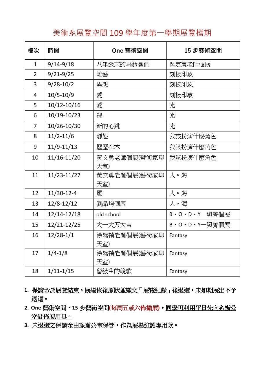 美術系展覽空間 109 學年度第一學期展覽檔期