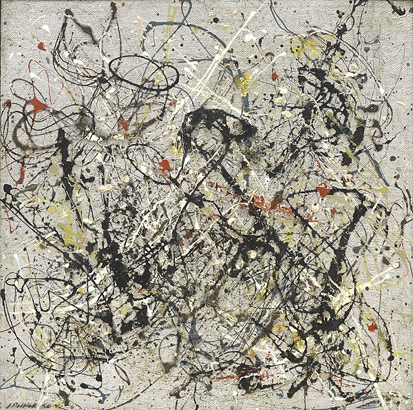 編號：Pollock014 作者：波洛克 Jackson Pollock 年份：1950 年 原作材質：纖維板．油墨．琺瑯 Oil and enamel on Masonite 原作尺寸：56 x 56.7 cm 館藏處：美國紐約古金漢博物館 Solomon R. Guggenheim Museum, New York