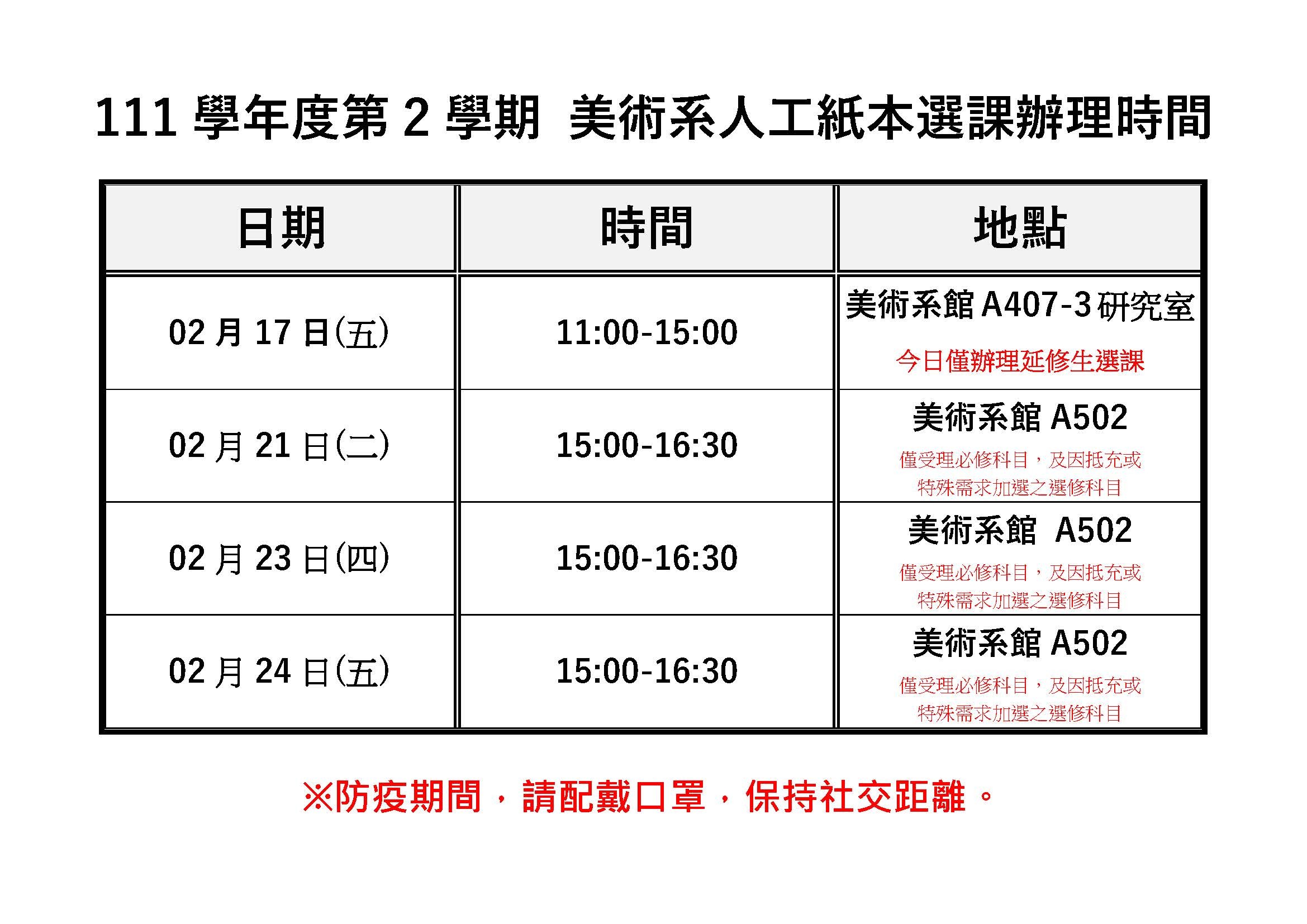 111學年度第2學期 美術系人工紙本選課辦理時間