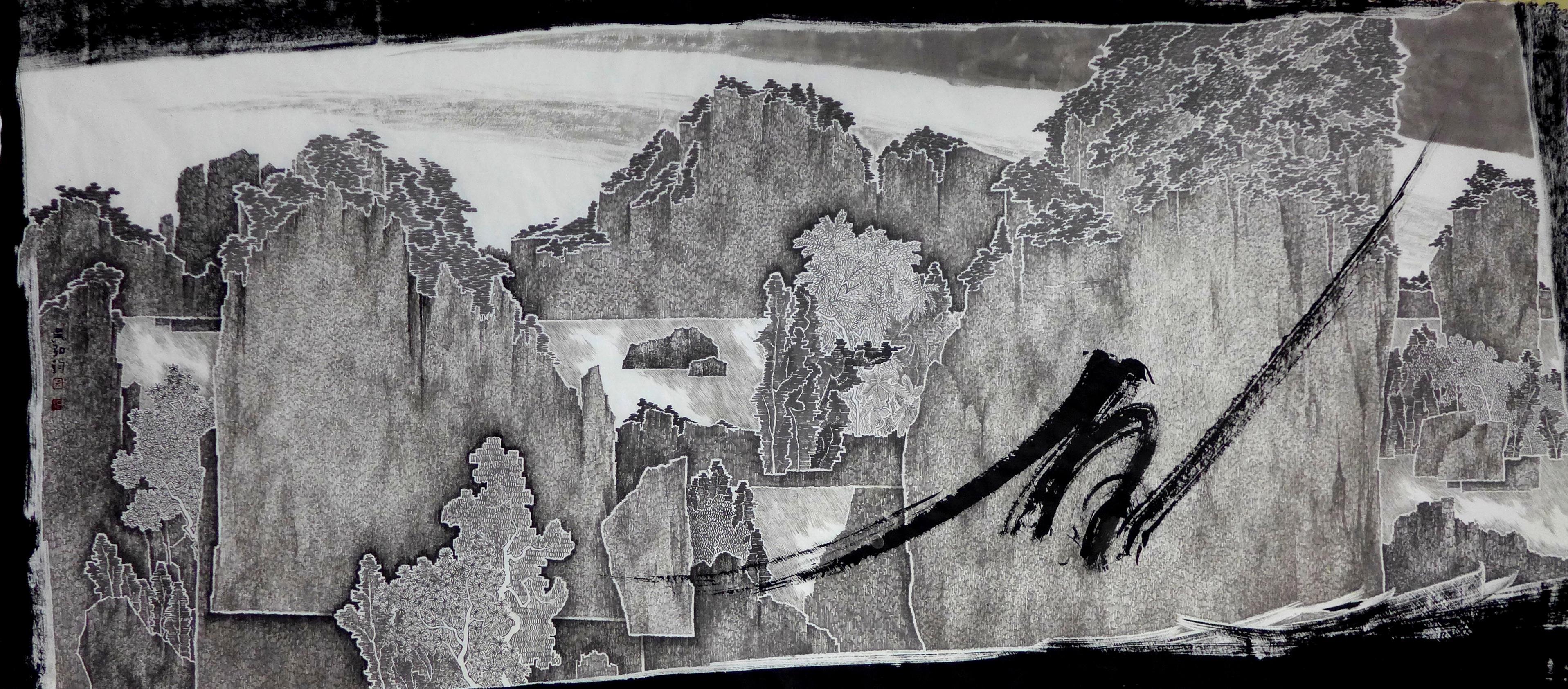 吳弘鈞，〈觀看的角度〉，2019，水墨，216×96 cm，藝術家自藏
