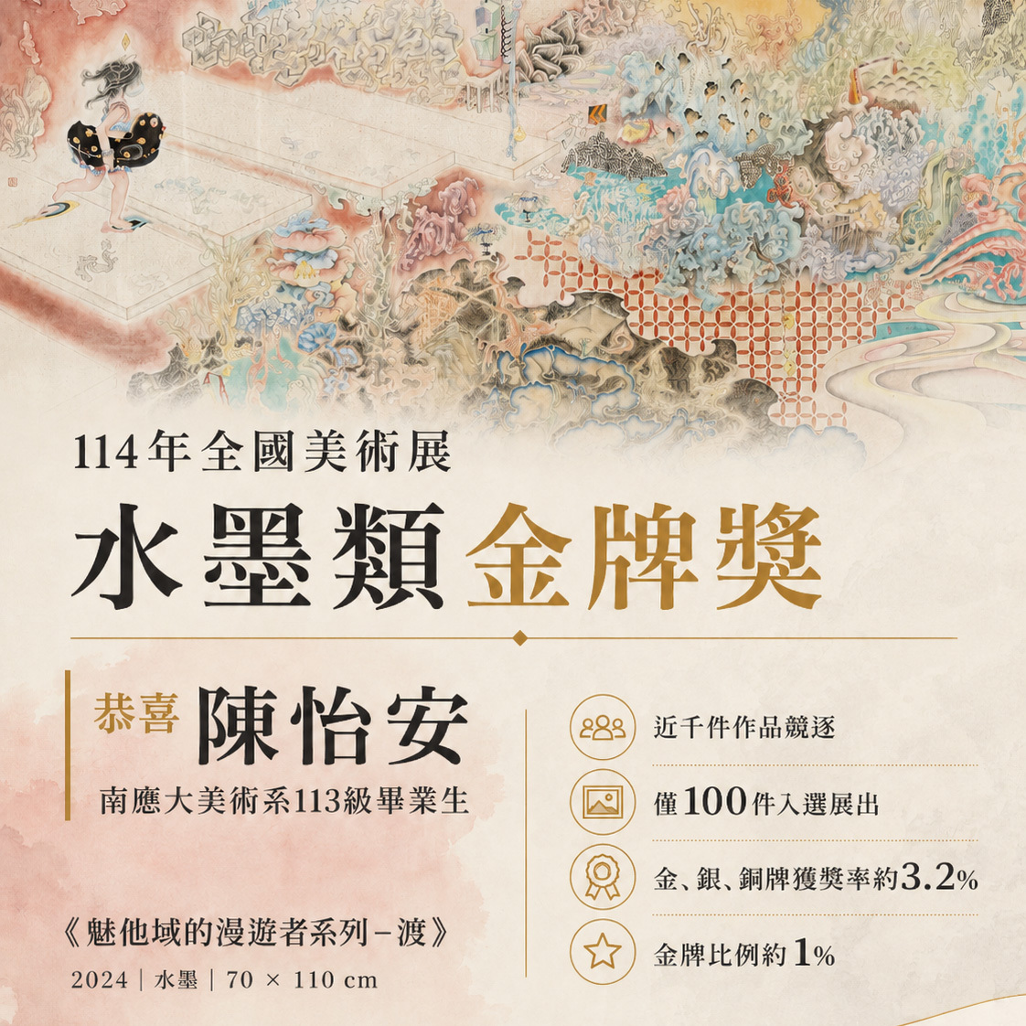🏆 恭喜南應大美術系113級畢業生陳怡安榮獲114年全國美術展水墨類金牌獎