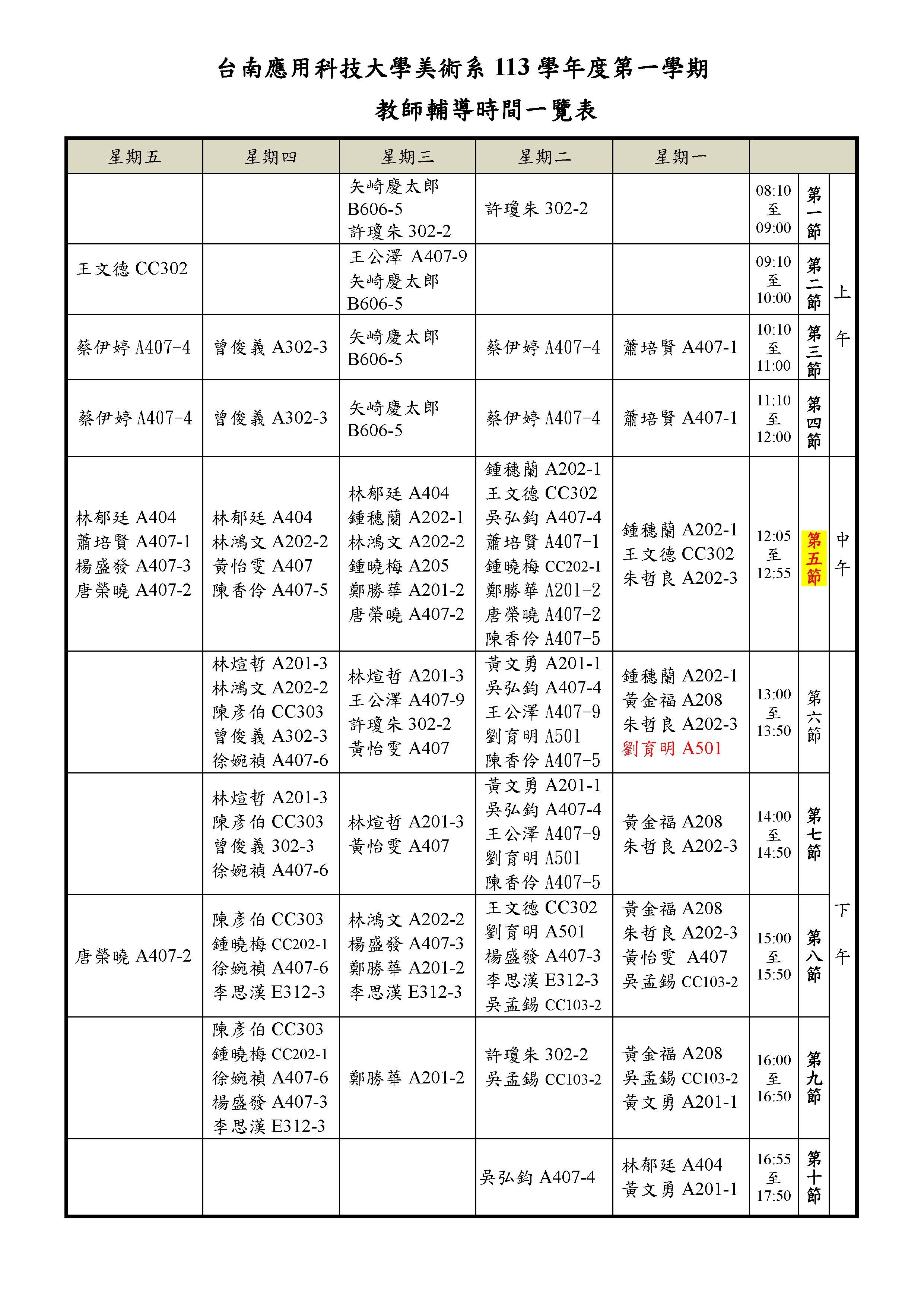 113-1office hours南應大美術系-教師輔導時間彙整表